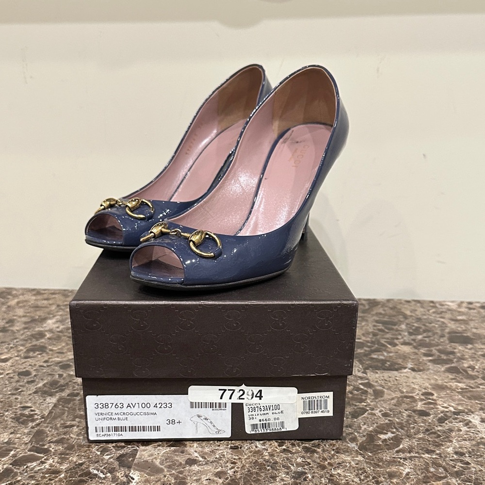Gucci Navy Peep-Toe Heels with Gold Detail